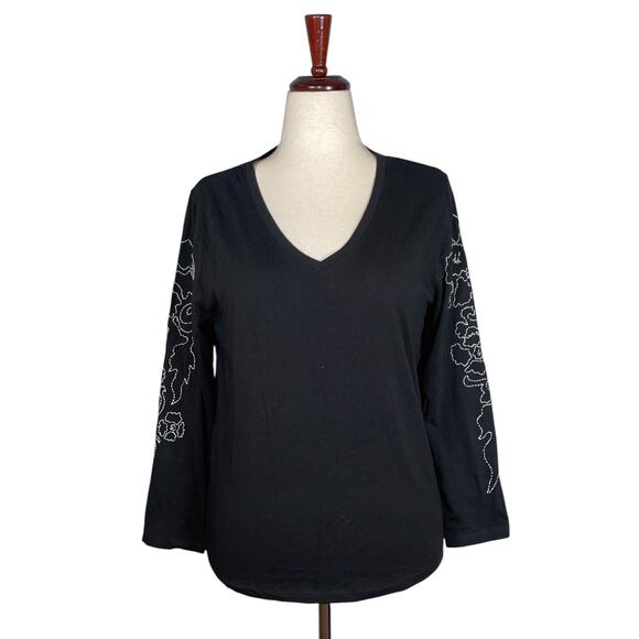 Barbara Bowman Black Embroidered Long Sleeve V-Neck T- Shirt     Size: XXL - Picture 1 of 4